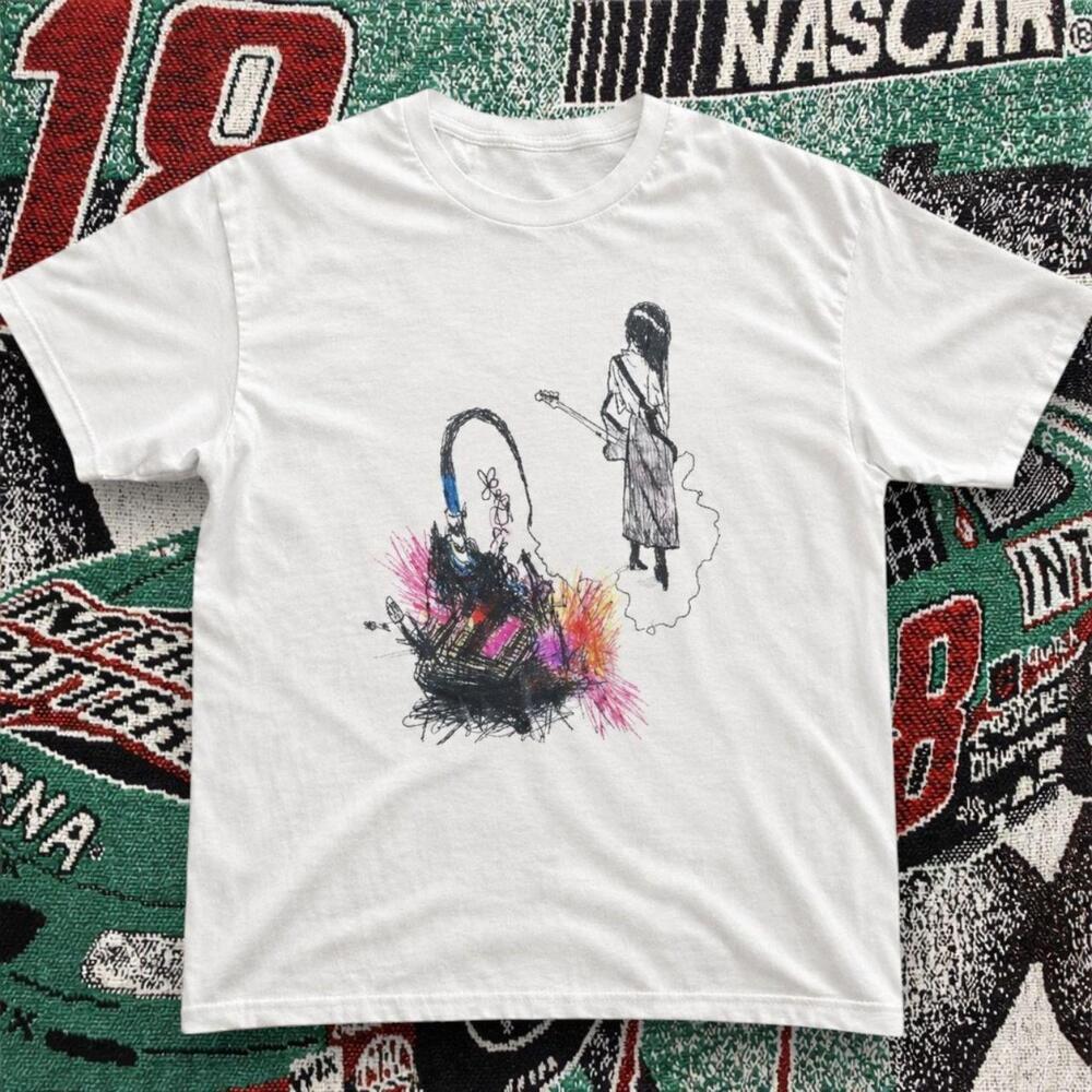 Hand Drawn Guitar Girl Graphic Tee White Unisex